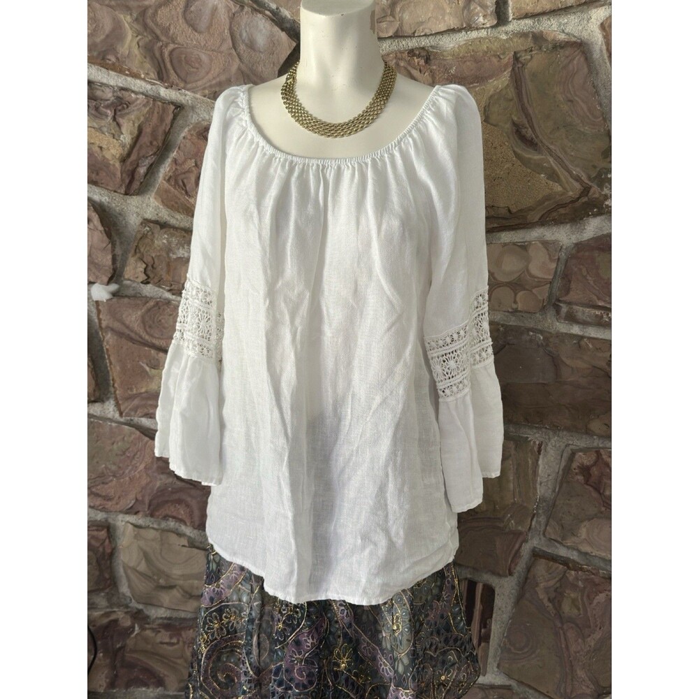 Alessia Pacini Italy White Linen Tunic Top Women Sz S‎ Beachie coastal vacation - Picture 16 of 16